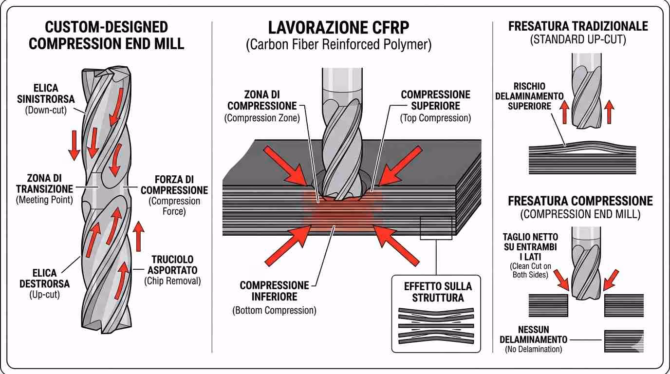 Infografica tecnica sulla geometria a compressione per frese: confronto tra fresatura tradizionale e taglio netto senza delaminazione su carbonio CFRP.
